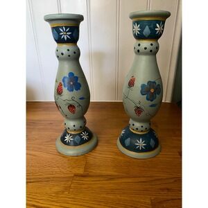 Tracy Porter 90's Hand Painted Wood Candlestick Set Floral Strawberry 10.5 Inch